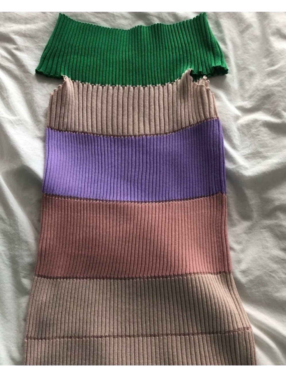 Green, Purple & Neutral Ribbed Strapless Sweater Dress